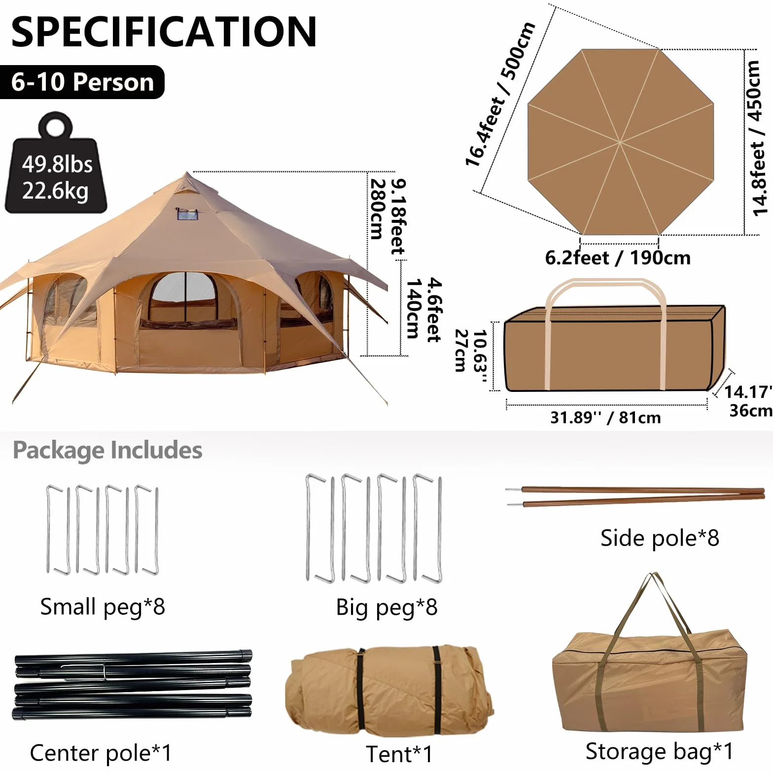 Bell Tent with Stove Jack, 6-10 Person 4 Season Glamping Tent | Spacious for up to 10 people, 8 doors & windows provide 360° airflow, stove jack for cold weather, sturdy windproof frame