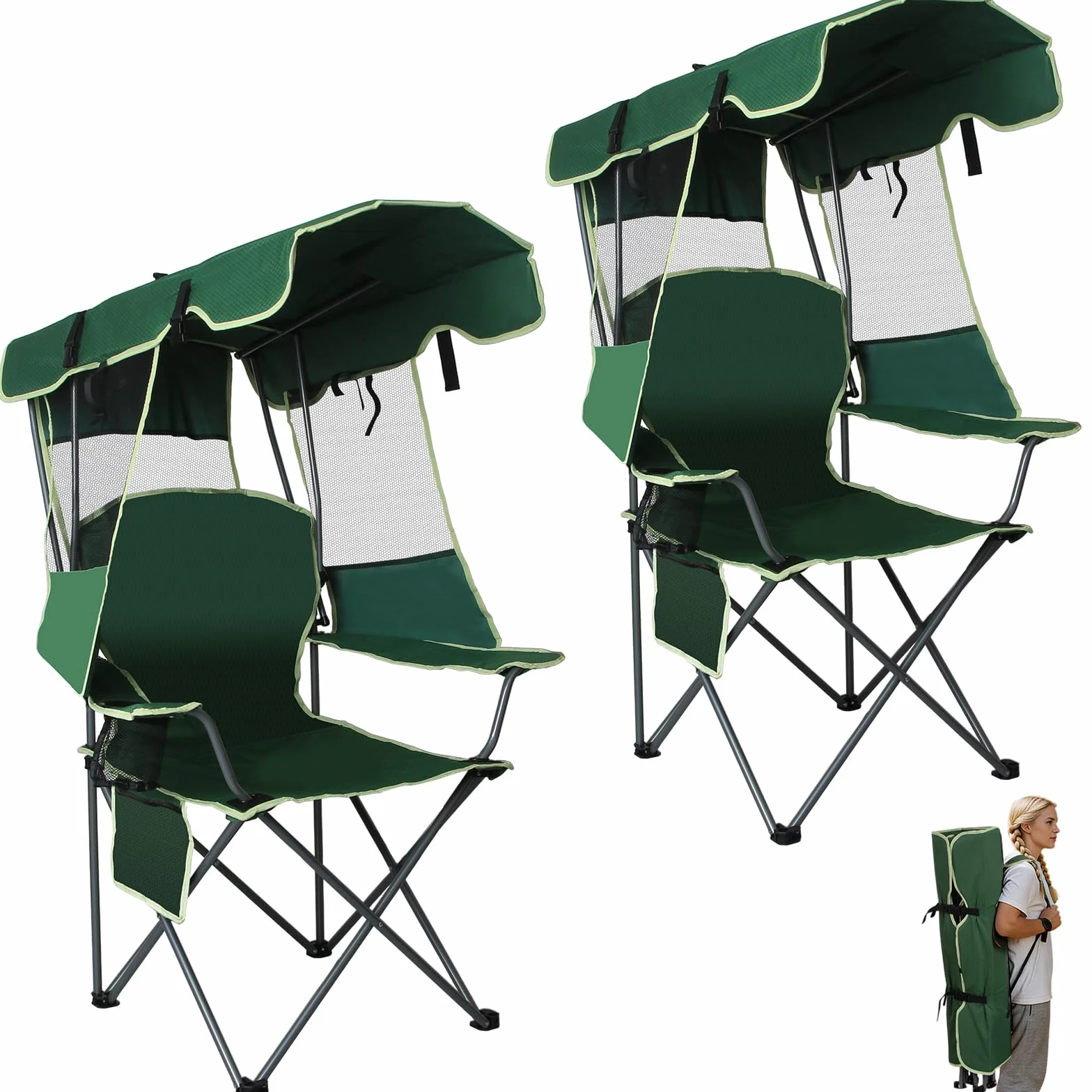 2 Pack Canopy Camping Chairs with Shade, Folding Beach Chair with Full Sun Protection, Portable Heavy Duty Outdoor Chair for Camping, Beach, Sports, Fishing, Lawn, Supports 400 lbs,Green