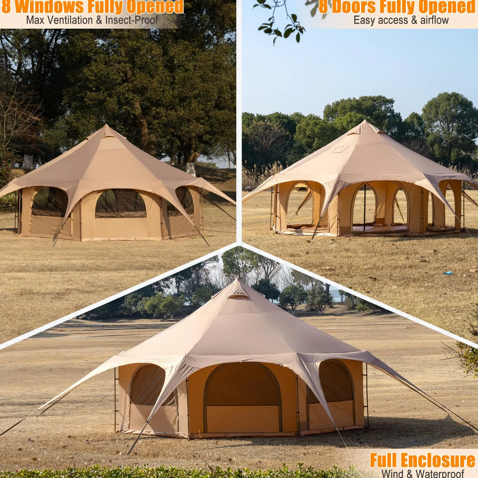 Bell Tent with Stove Jack, 6-10 Person 4 Season Glamping Tent | Spacious for up to 10 people, 8 doors & windows provide 360° airflow, stove jack for cold weather, sturdy windproof frame