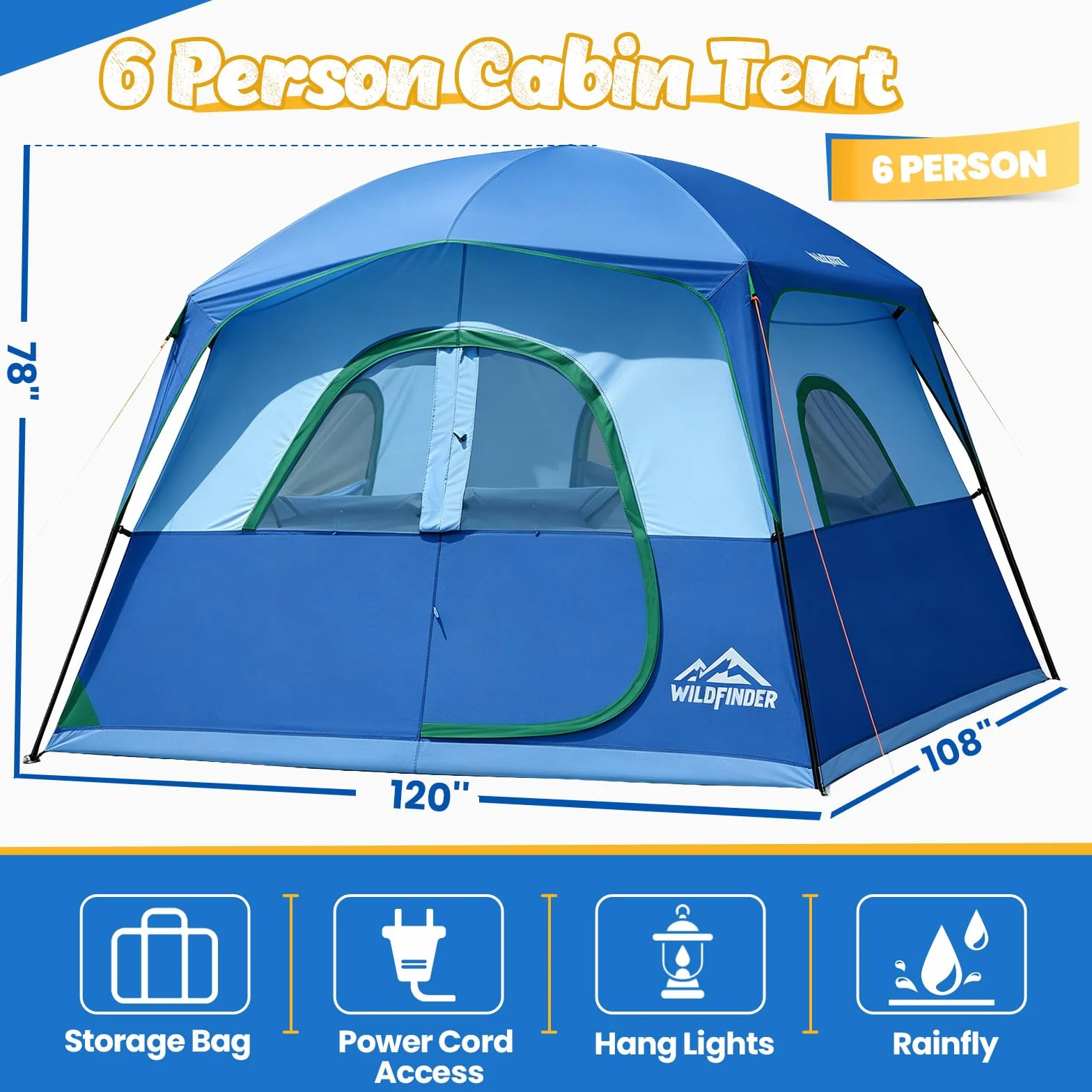 Camping Tent 6 Person, Family Tent with Rainfly | Double Layer,Waterproof & Windproof, Portable Easy Setup Tents for Camping, Suitable for Camping & Hiking