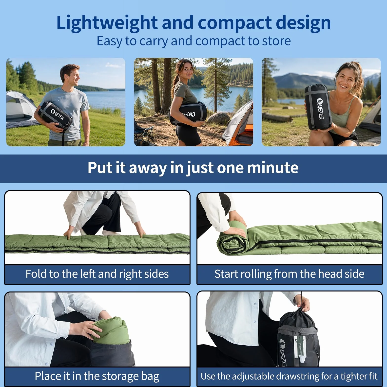 Sleeping Bag for Adults, Lightweight Sleeping Bag for Camping | 41°F-70°F, Hollow Fiber Fill, Full-Length Zipper, Compression Sack, Camping Travel Backpacking, Machine Washable