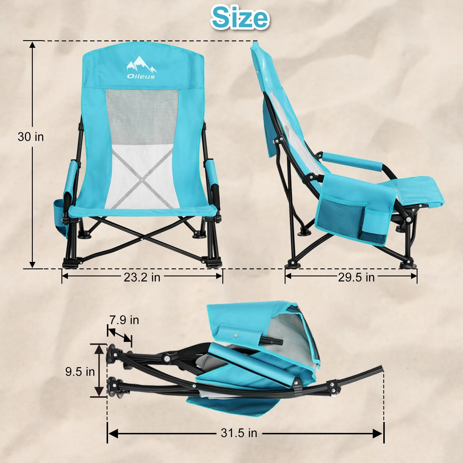 Folding Portable Beach Chair, High-Back Low-Seat Lightweight Chair for Beach Tents, Shelters, and Camping, Full Mesh Backrest | Cup Holder | Storage Bag | Carrying Bag | 2 Armrests