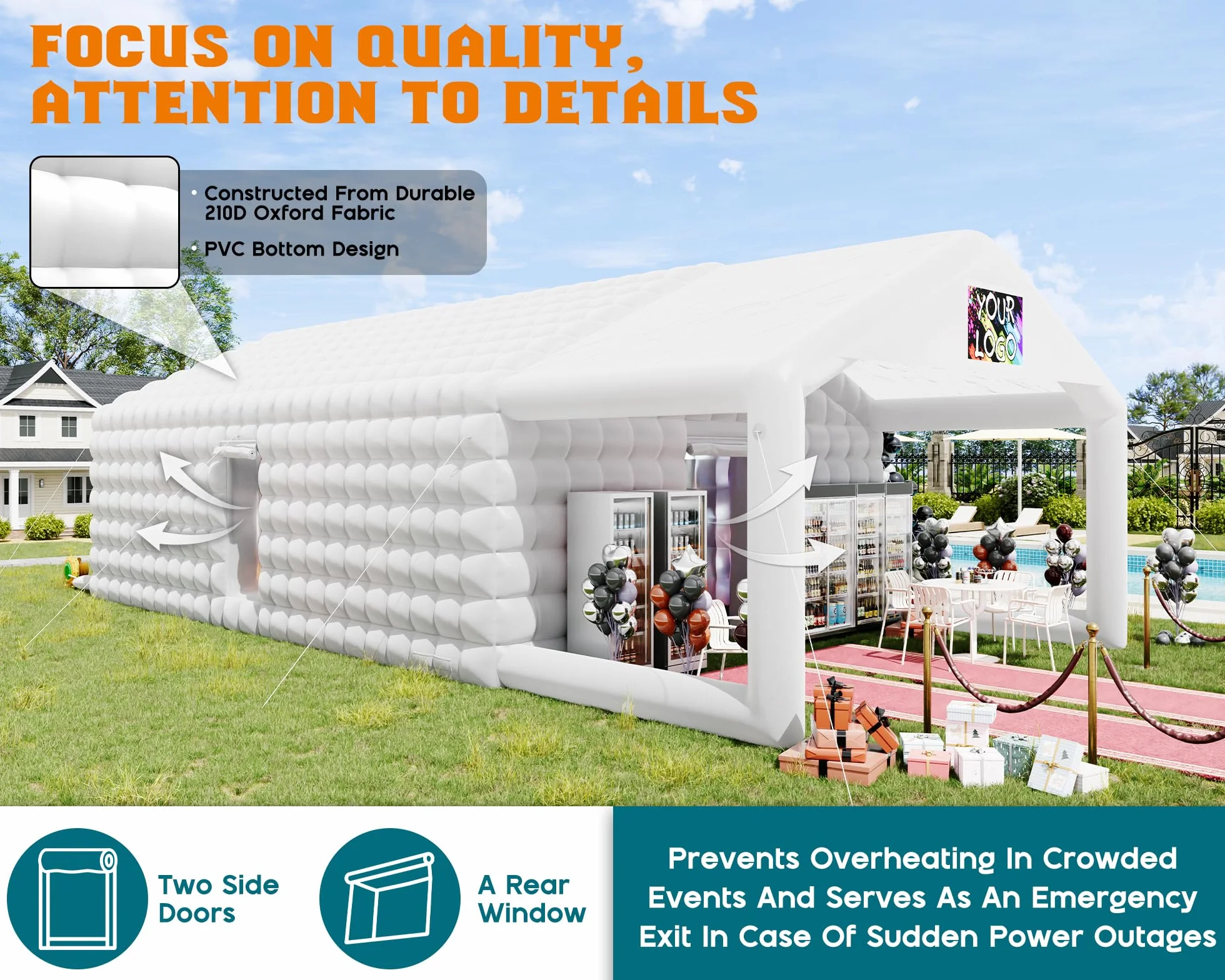 39x20x14 FT Large Inflatable Nightclub Tent for Adults with Pavilion Rest Area, Black Inflatable Night Club Gazebo with 2 Side Doors & Logo Area for Wedding, Birthday, Backyard Events, White