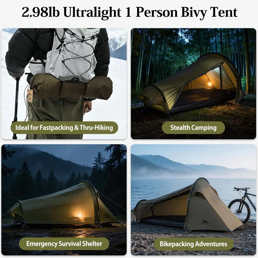15D Nylon Ultralight Bivy Tent, Waterproof 1 Person Camping Tent, Single Man Backpacking Tent for Survival Bicycle Motorcycle Hiking