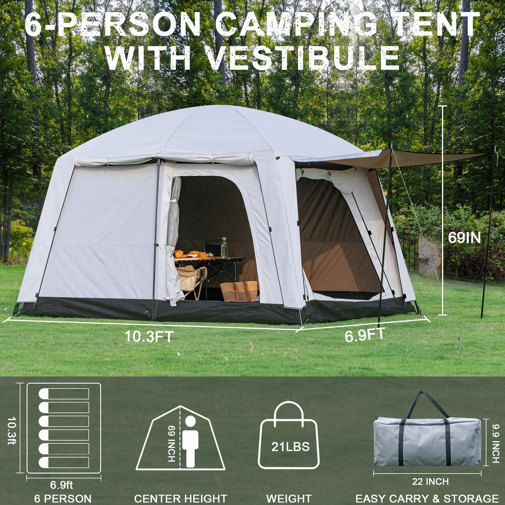 Unicorn 4-6 Person Camping Tent, Large Family Cabin Tents with Porch & Rainfly, Double Layer Waterproof Glamping Tent with 2 Rooms 2 Doors, Portable Big Tents for Outdoor Camping Hiking Party