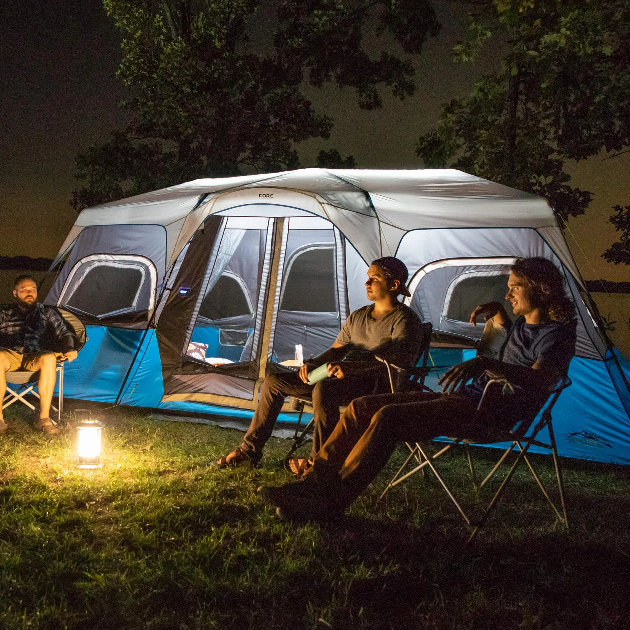 Instant Cabin Tents with LED Lights | Family Multi Room Lighted Pop Up Tents for Camping | Included Storage Pockets for Camping Accessories