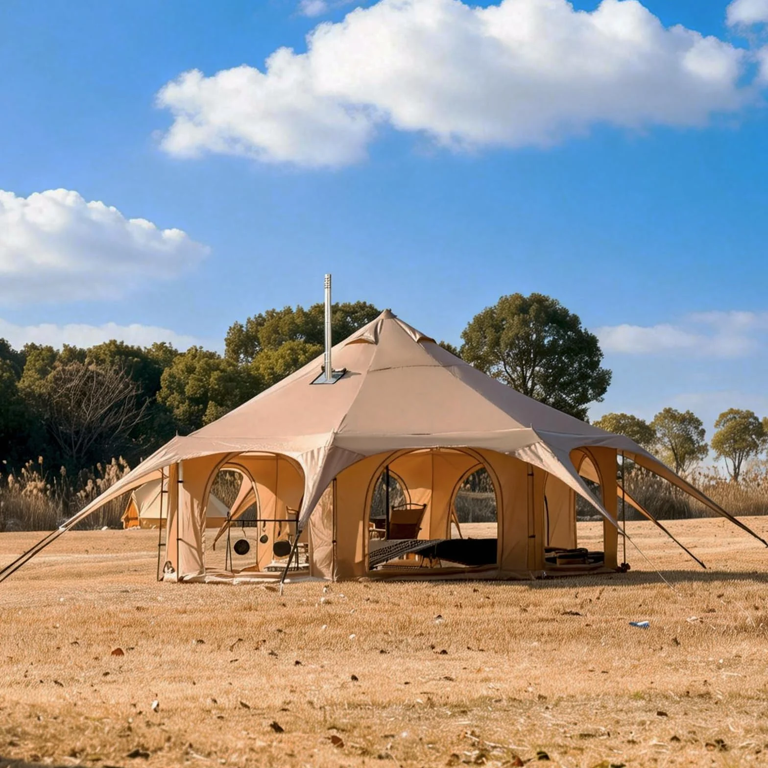 Bell Tent with Stove Jack, 6-10 Person 4 Season Glamping Tent | Spacious for up to 10 people, 8 doors & windows provide 360° airflow, stove jack for cold weather, sturdy windproof frame