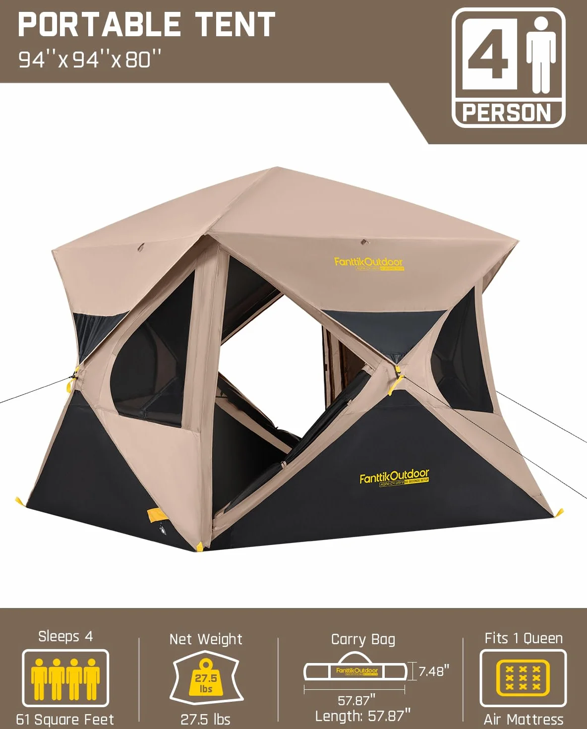 Alpha C4 Ultra Camping Tent 4 Person Pop Up Instant Cabin Setup in 60 Seconds Portable Hub Tent with Rainfly & Windproof for Outdoor Camping & Overlanding