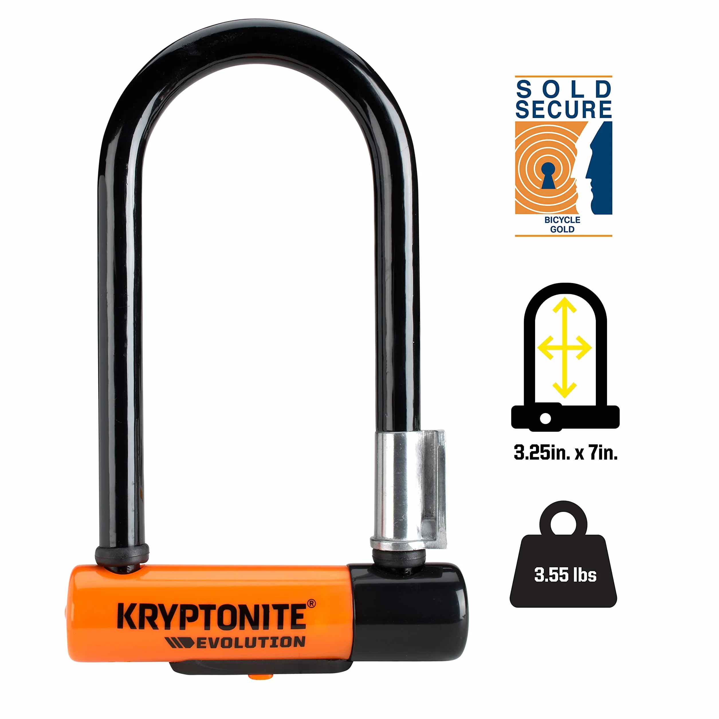 Evolution Mini-7 Bike U-Lock, 13mm Steel Shackle, 4 ft Cable | 13mm Hardened Steel Shackle, Double Deadbolt, FlexFrame-U Mounting Bracket and 3 Keys