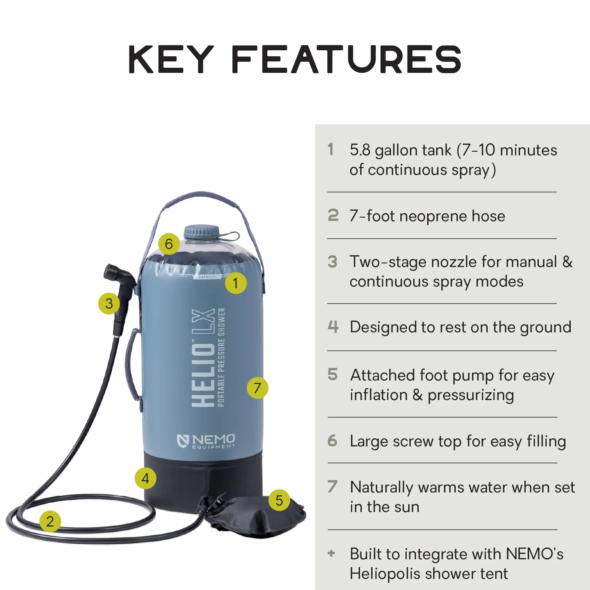 Portable Camp Shower | Pressurized, Built-in Foot Pump, Large Capacity, Packable, Beach, Pet