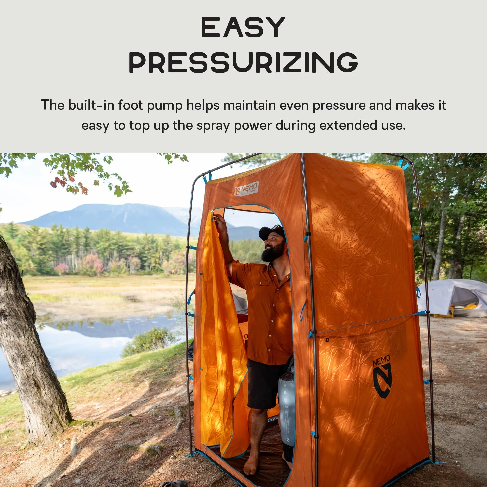 Portable Camp Shower | Pressurized, Built-in Foot Pump, Large Capacity, Packable, Beach, Pet