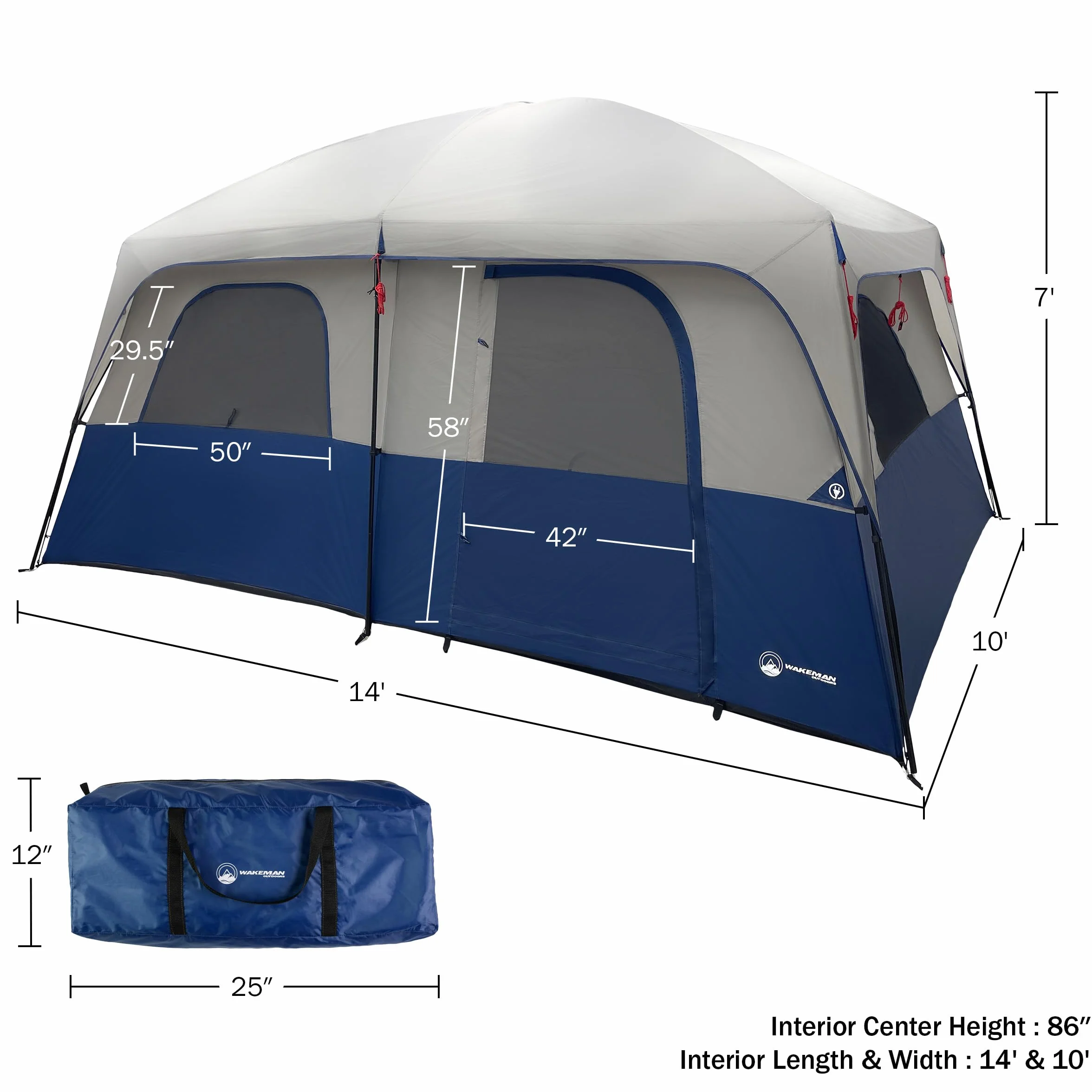 10 Person Camping Tent with Rainfly, Navy | Large Outdoor Tent with Room Divider - Fits 4 Queen Size Mattresses - Family Camping House with 2 Doors and 4 Screen Windows