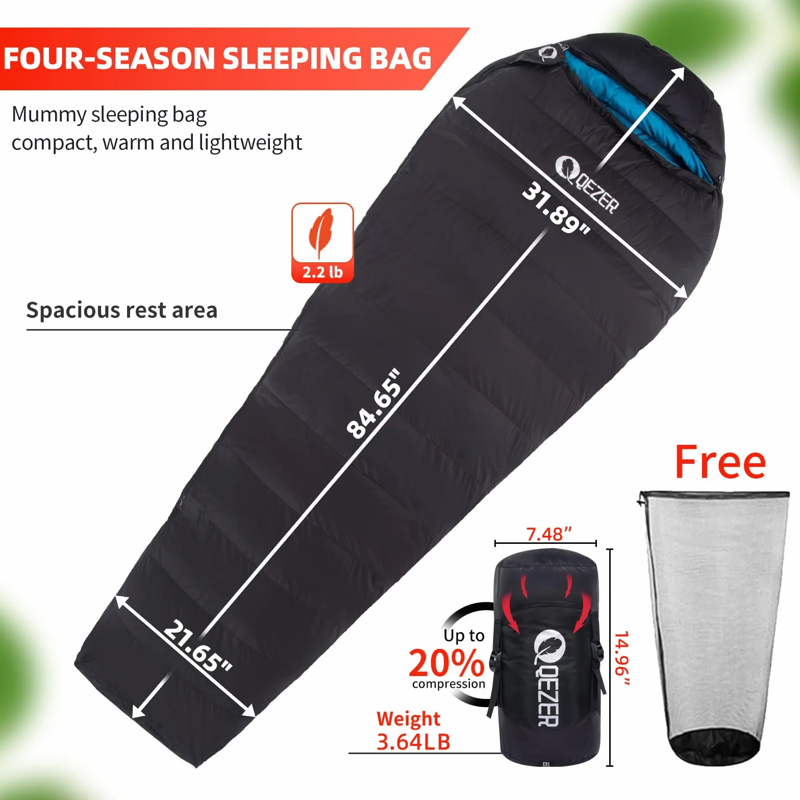 0°F Cold Weather Sleeping Bag for Adults, Lightweight Backpacking Bag with Down Booties for Men and Women Keep Warm