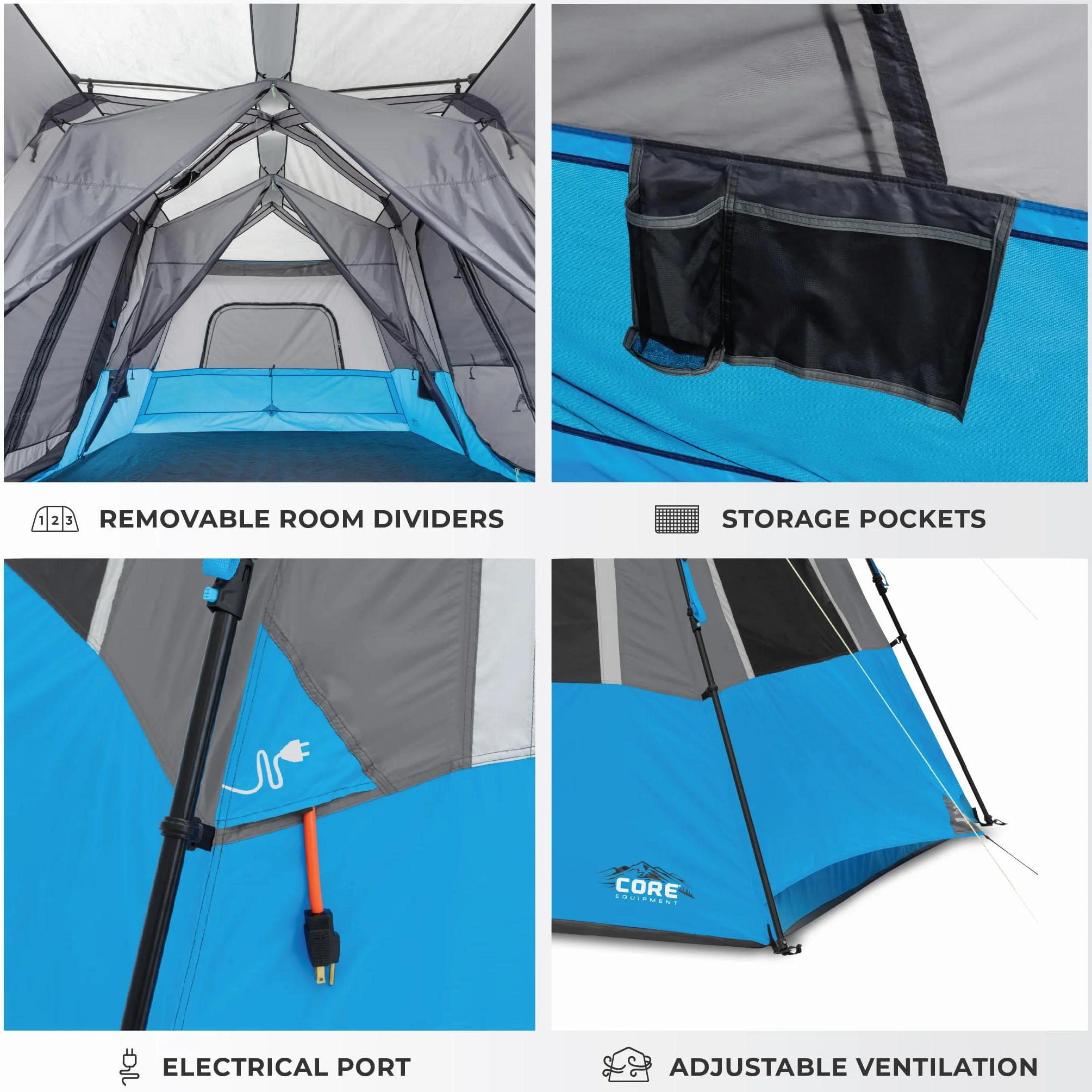 Instant Cabin Tents with LED Lights | Family Multi Room Lighted Pop Up Tents for Camping | Included Storage Pockets for Camping Accessories