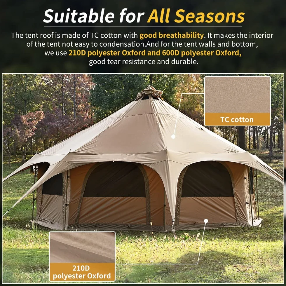 Canvas Tent Bell Tent 16.4ft*9.2ft with Stove Jack for Glamping Family Camping Zipped Removable Floor